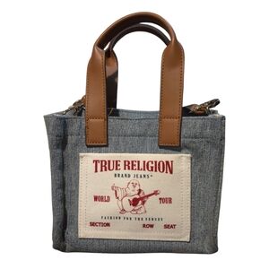 True Religion Denim Mini Tote Bag Faux Leather Handles Logo Patch Y2K